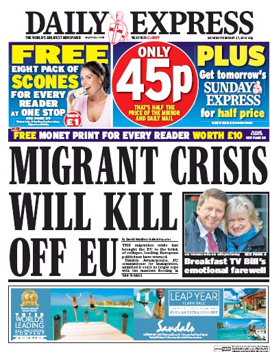 Daily Express Newspaper Front Page (UK) for 27 February 2016
