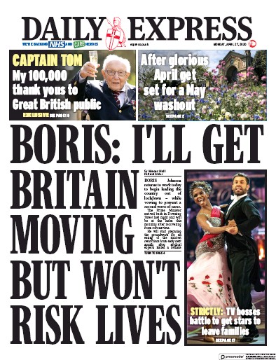 Daily Express Newspaper Front Page (UK) for 27 April 2020
