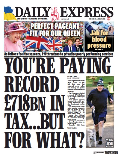 Daily Express Newspaper Front Page (UK) for 27 April 2022