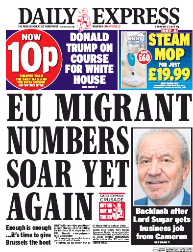Daily Express Newspaper Front Page (UK) for 27 May 2016