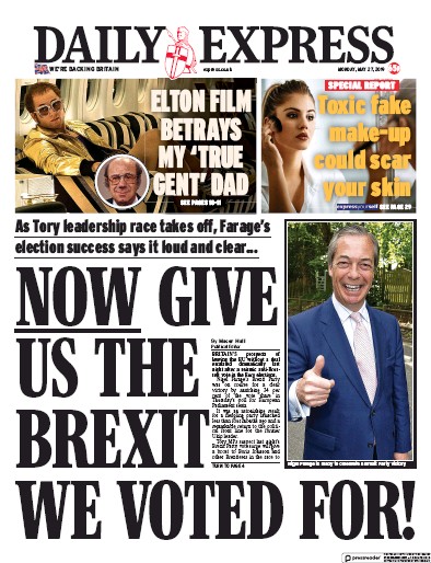 Daily Express Newspaper Front Page (UK) for 27 May 2019