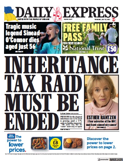 Daily Express Newspaper Front Page (UK) for 27 July 2023