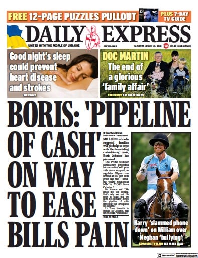 Daily Express Newspaper Front Page (UK) for 27 August 2022