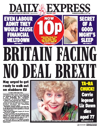 Daily Express Newspaper Front Page (UK) for 27 September 2017