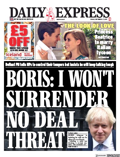 Daily Express Newspaper Front Page (UK) for 27 September 2019