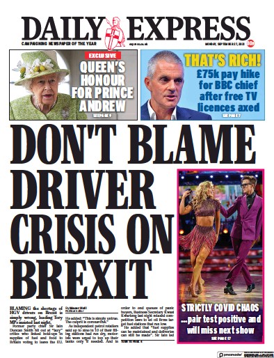 Daily Express Newspaper Front Page (UK) for 27 September 2021