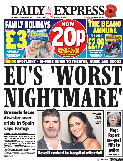 Daily Express Newspaper Front Page (UK) for 28 October 2017