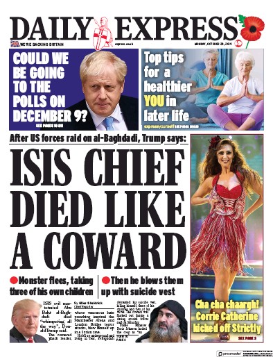Daily Express Newspaper Front Page (UK) for 28 October 2019
