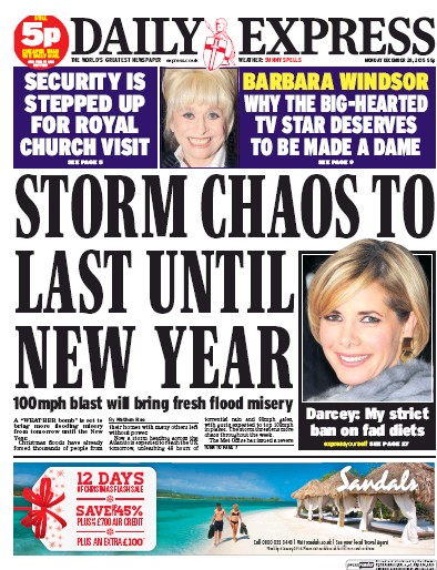 Daily Express Newspaper Front Page (UK) for 28 December 2015