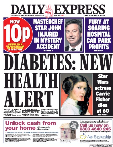 Daily Express Newspaper Front Page (UK) for 28 December 2016