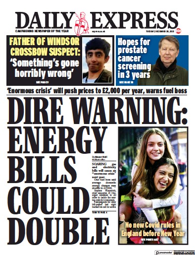 Daily Express Newspaper Front Page (UK) for 28 December 2021