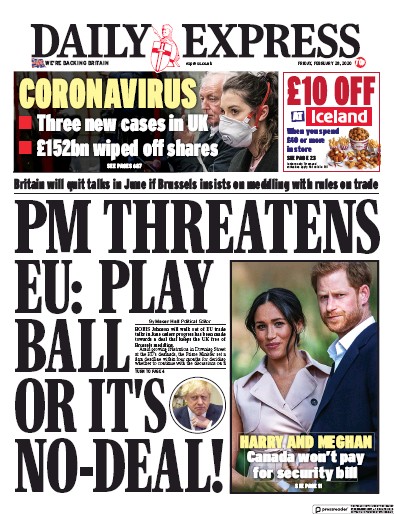 Daily Express Newspaper Front Page (UK) for 28 February 2020