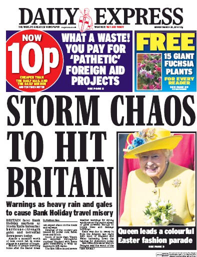 Daily Express Newspaper Front Page (UK) for 28 March 2016