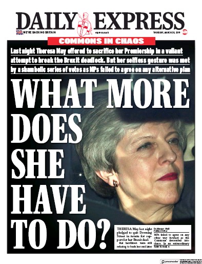 Daily Express Newspaper Front Page (UK) for 28 March 2019