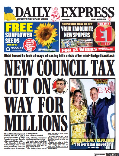 Daily Express Newspaper Front Page (UK) for 28 March 2022
