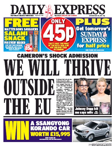 Daily Express Newspaper Front Page (UK) for 28 May 2016