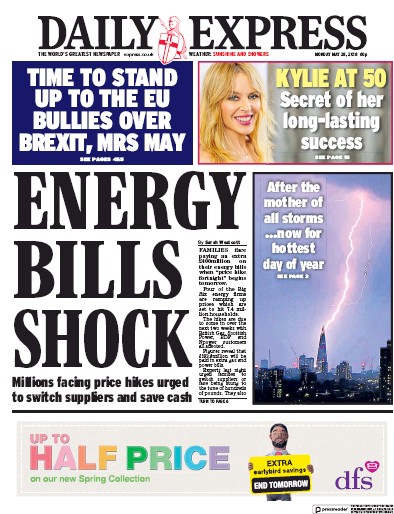 Daily Express Newspaper Front Page (UK) for 28 May 2018
