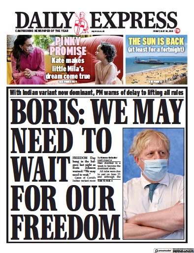 Daily Express Newspaper Front Page (UK) for 28 May 2021