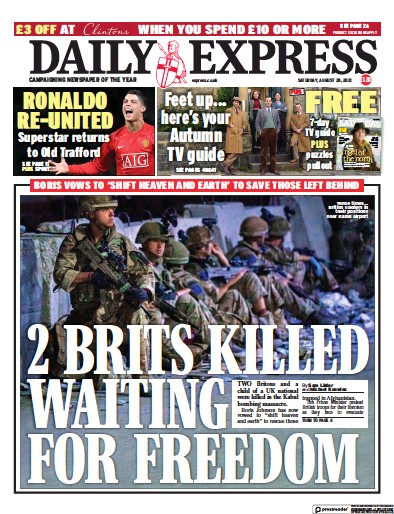 Daily Express Newspaper Front Page (UK) for 28 August 2021