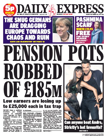 Daily Express Newspaper Front Page (UK) for 28 September 2015