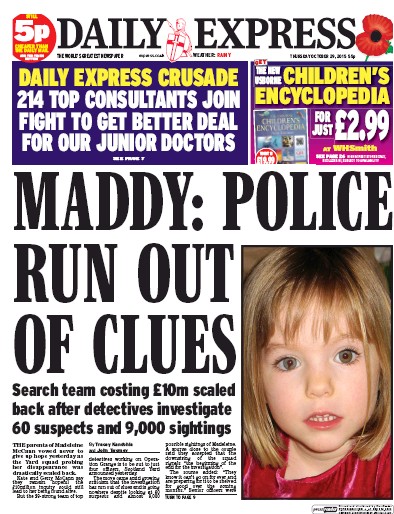 Daily Express Newspaper Front Page (UK) for 29 October 2015