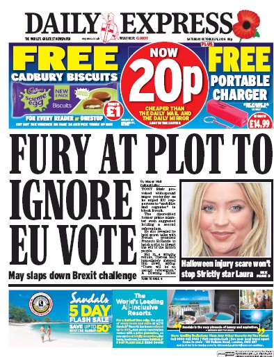 Daily Express Newspaper Front Page (UK) for 29 October 2016
