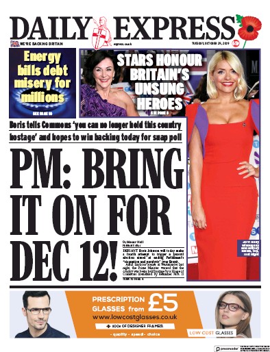 Daily Express Newspaper Front Page (UK) for 29 October 2019