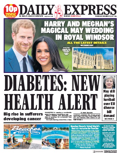 Daily Express Newspaper Front Page (UK) for 29 November 2017