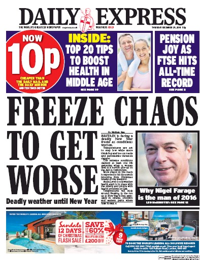 Daily Express Newspaper Front Page (UK) for 29 December 2016