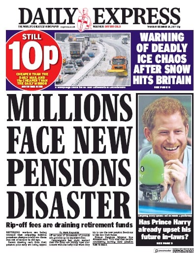 Daily Express Newspaper Front Page (UK) for 29 December 2017