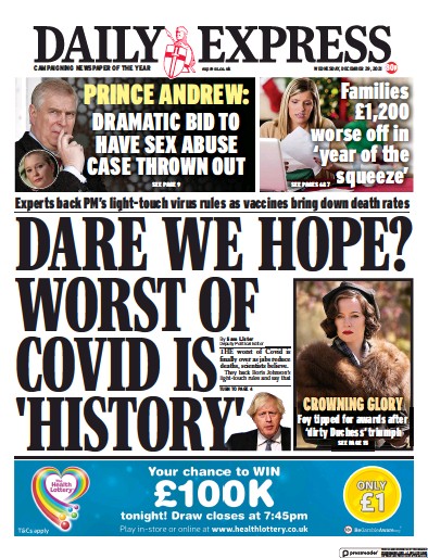 Daily Express Newspaper Front Page (UK) for 29 December 2021