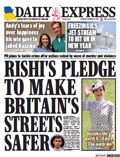 Daily Express Newspaper Front Page (UK) for 29 December 2022