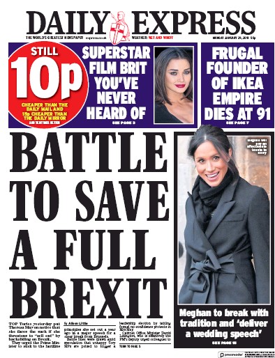 Daily Express Newspaper Front Page (UK) for 29 January 2018