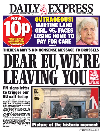 Daily Express Newspaper Front Page (UK) for 29 March 2017