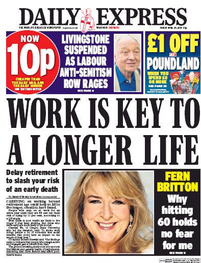 Daily Express Newspaper Front Page (UK) for 29 April 2016