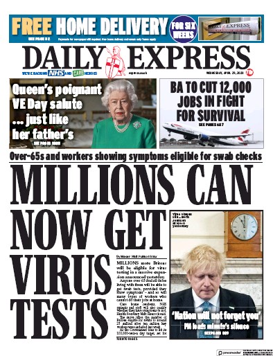 Daily Express Newspaper Front Page (UK) for 29 April 2020