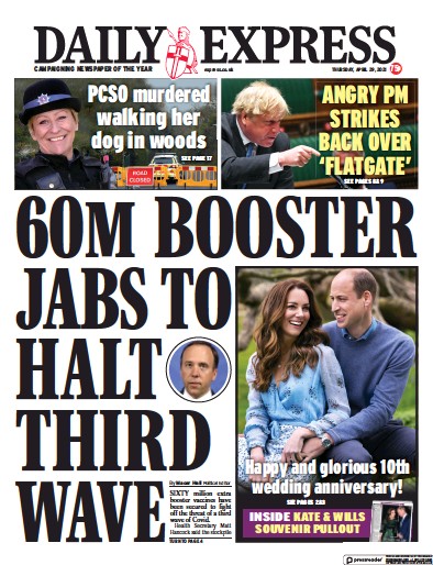 Daily Express Newspaper Front Page (UK) for 29 April 2021