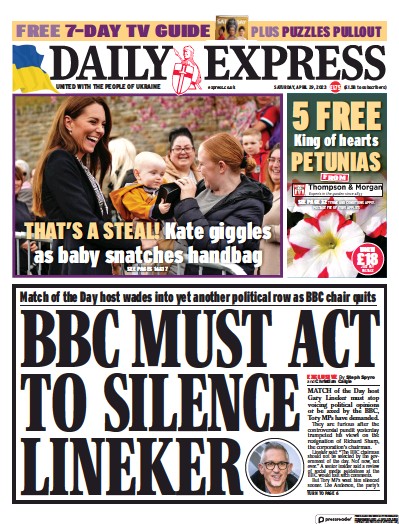 Daily Express Newspaper Front Page (UK) for 29 April 2023