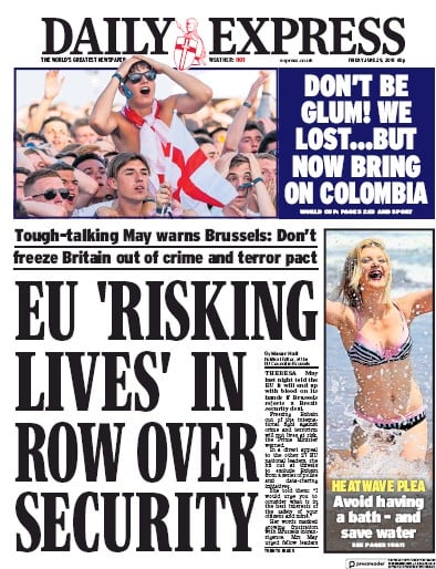 Daily Express Newspaper Front Page (UK) for 29 June 2018