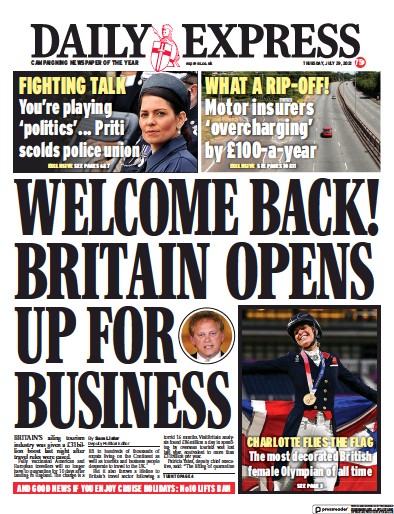 Daily Express Newspaper Front Page (UK) for 29 July 2021