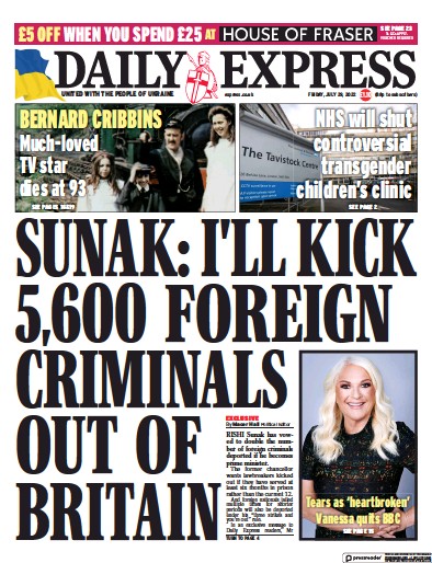 Daily Express Newspaper Front Page (UK) for 29 July 2022