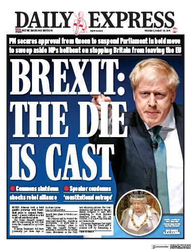 Daily Express Newspaper Front Page (UK) for 29 August 2019