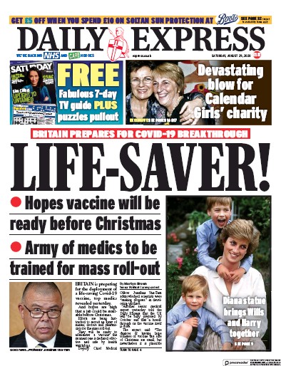 Daily Express Newspaper Front Page (UK) for 29 August 2020