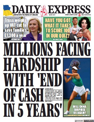 Daily Express Newspaper Front Page (UK) for 29 August 2022