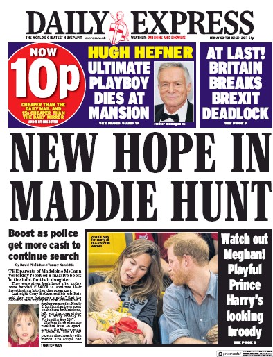 Daily Express Newspaper Front Page (UK) for 29 September 2017