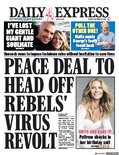 Daily Express Newspaper Front Page (UK) for 29 September 2020