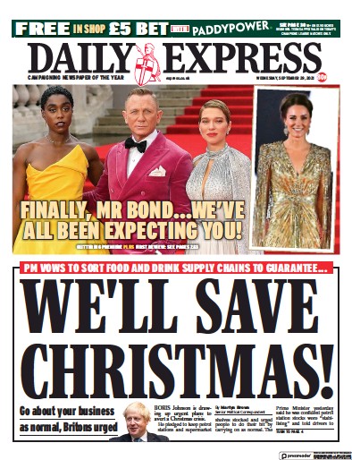 Daily Express Newspaper Front Page (UK) for 29 September 2021