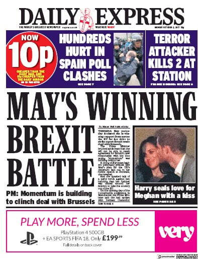 Daily Express Newspaper Front Page (UK) for 2 October 2017