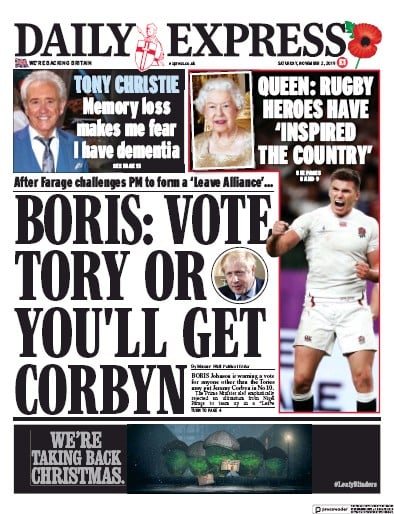 Daily Express Newspaper Front Page (UK) for 2 November 2019