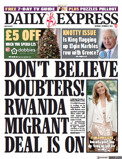 Daily Express Newspaper Front Page (UK) for 2 December 2023